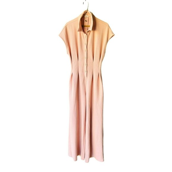 NWOT Mainstrip Pink Waffle Knit Wide Leg Pockets Open Back Button Jumpsuit L - Picture 1 of 13